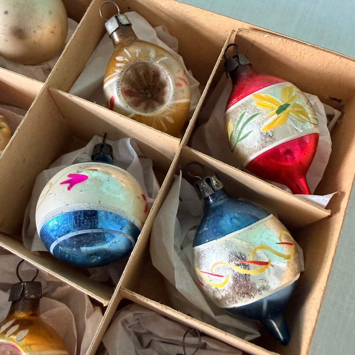 Boxed Set of 12 Miniature Vintage Glass Christmas Baubles