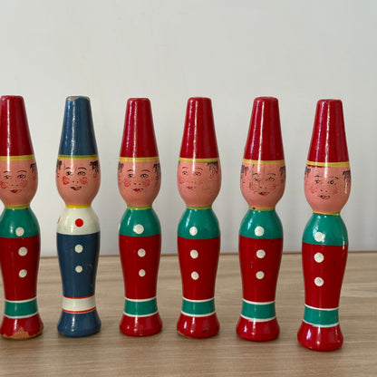 Vintage Wooden Skittles Set 9 Pins Hand Painted Folk Figures Fez Hats