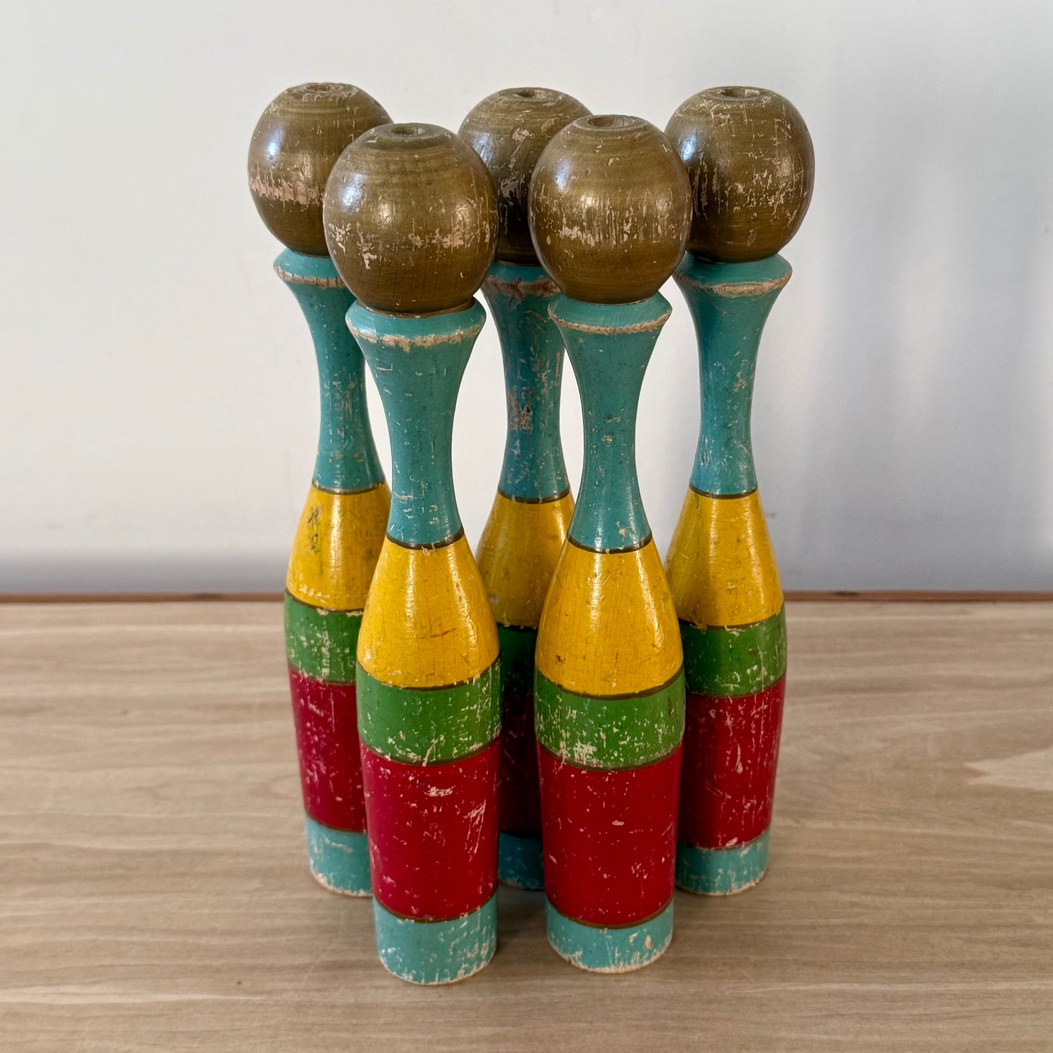 Vintage Wooden Skittles Pins Set Painted Folk Art Toy