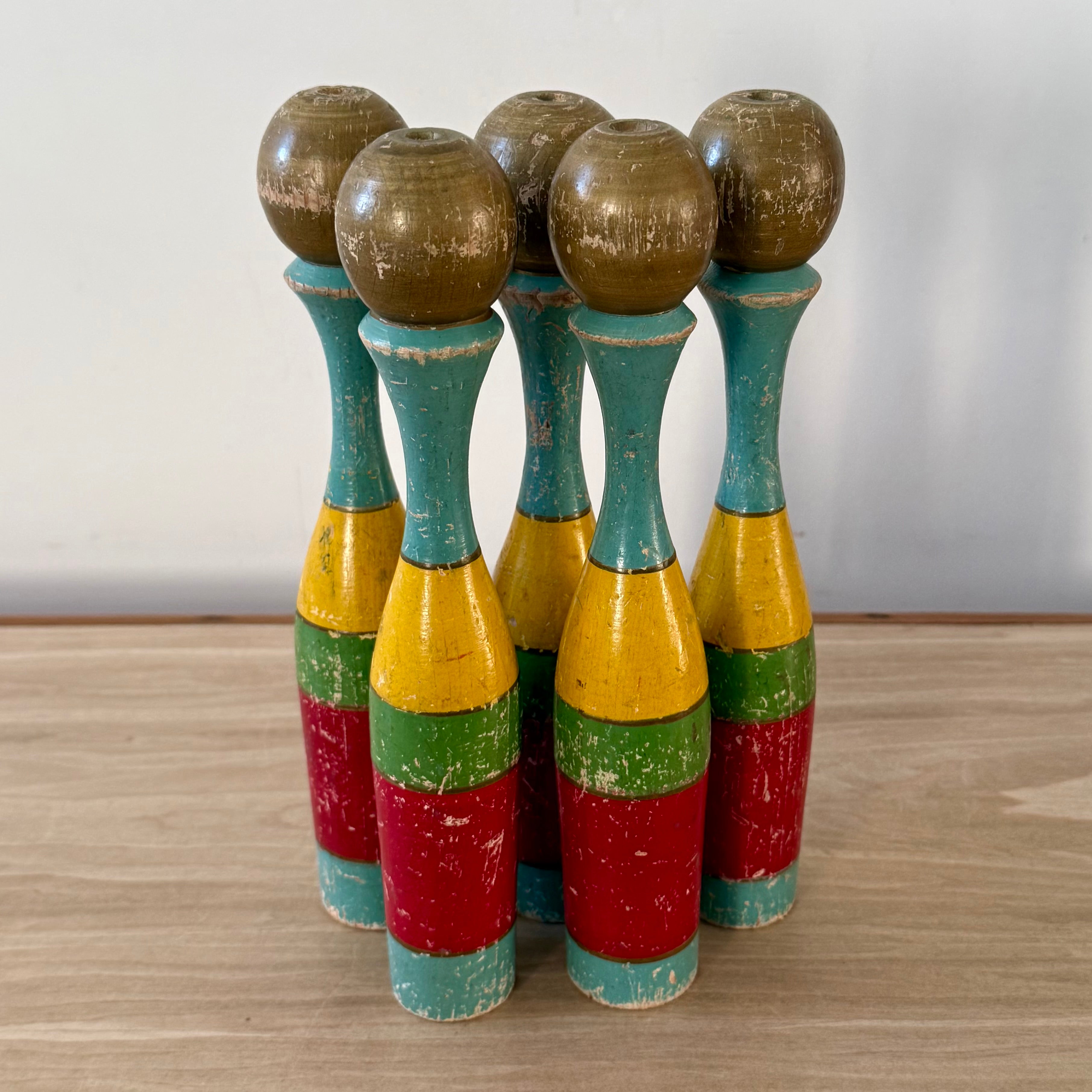 Vintage Wooden Skittles Pins Set Painted Folk Art Toy