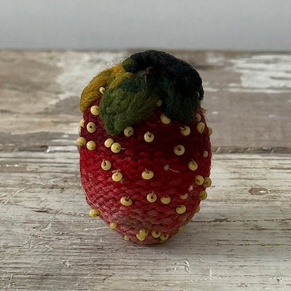Antique Knitted Strawberry Emery with Beaded Seeds