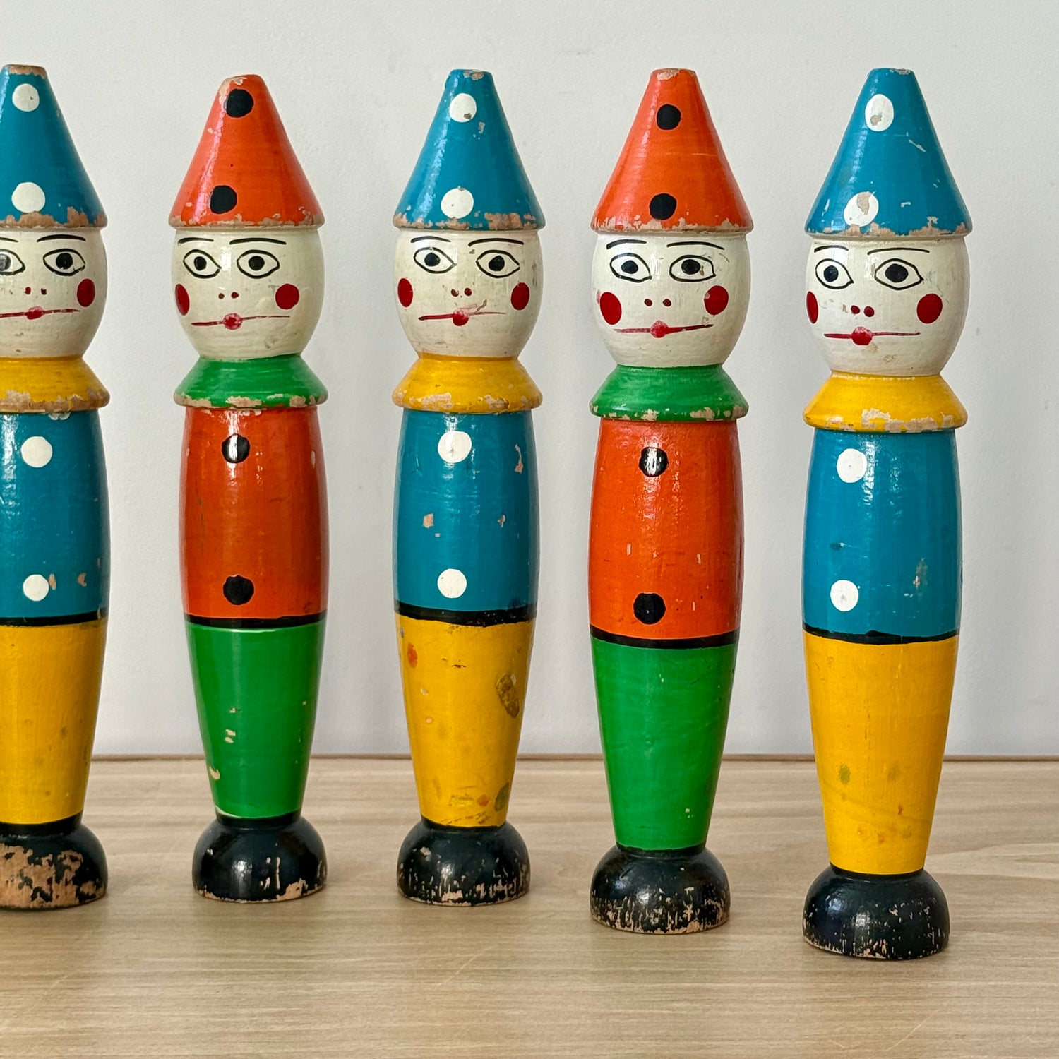 Vintage Wooden Clown Skittles Pins Seven Figures Hand Painted Folk Toy 21cm