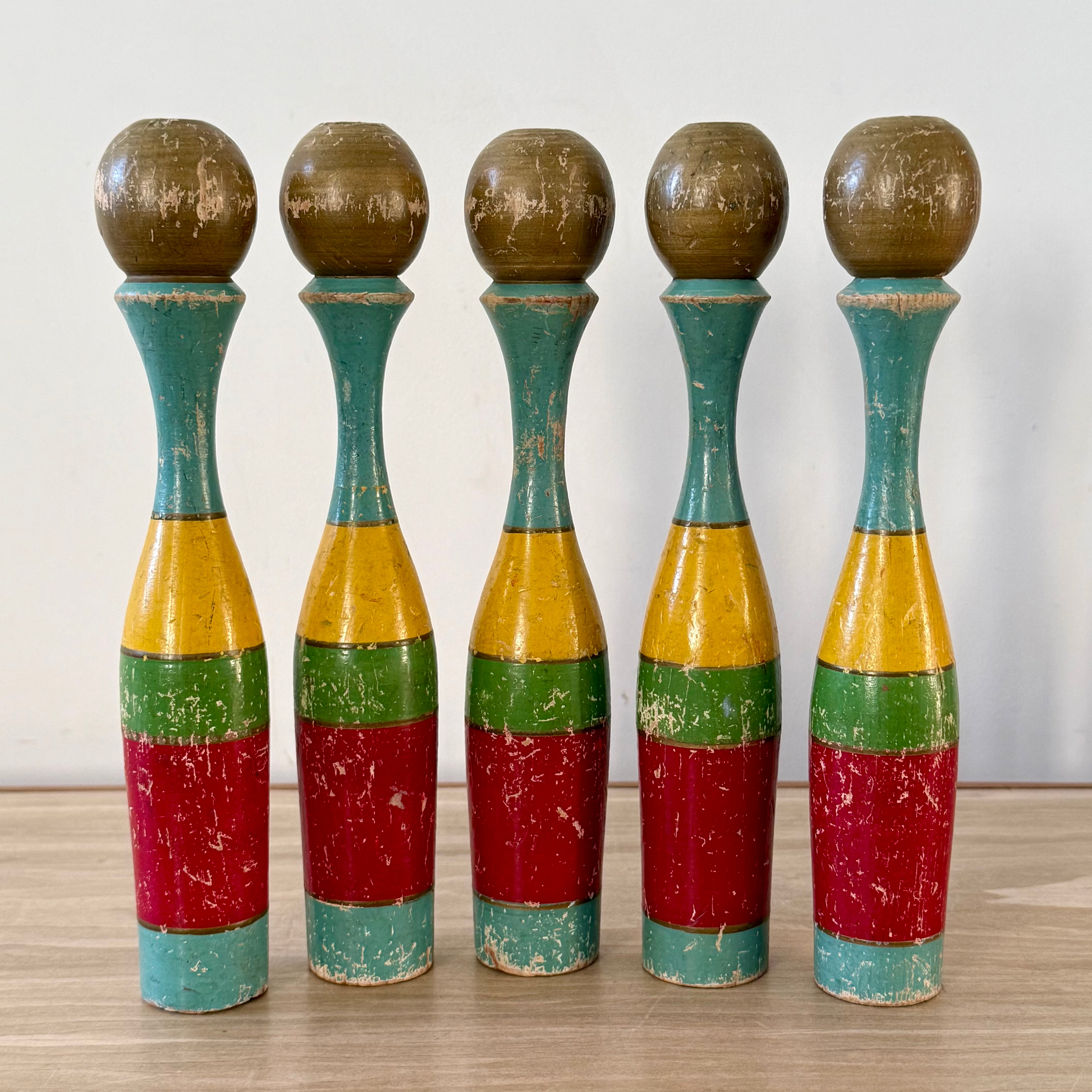 Vintage Wooden Skittles Pins Set Painted Folk Art Toy