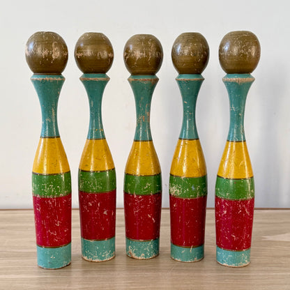 Vintage Wooden Skittles Pins Set Painted Folk Art Toy