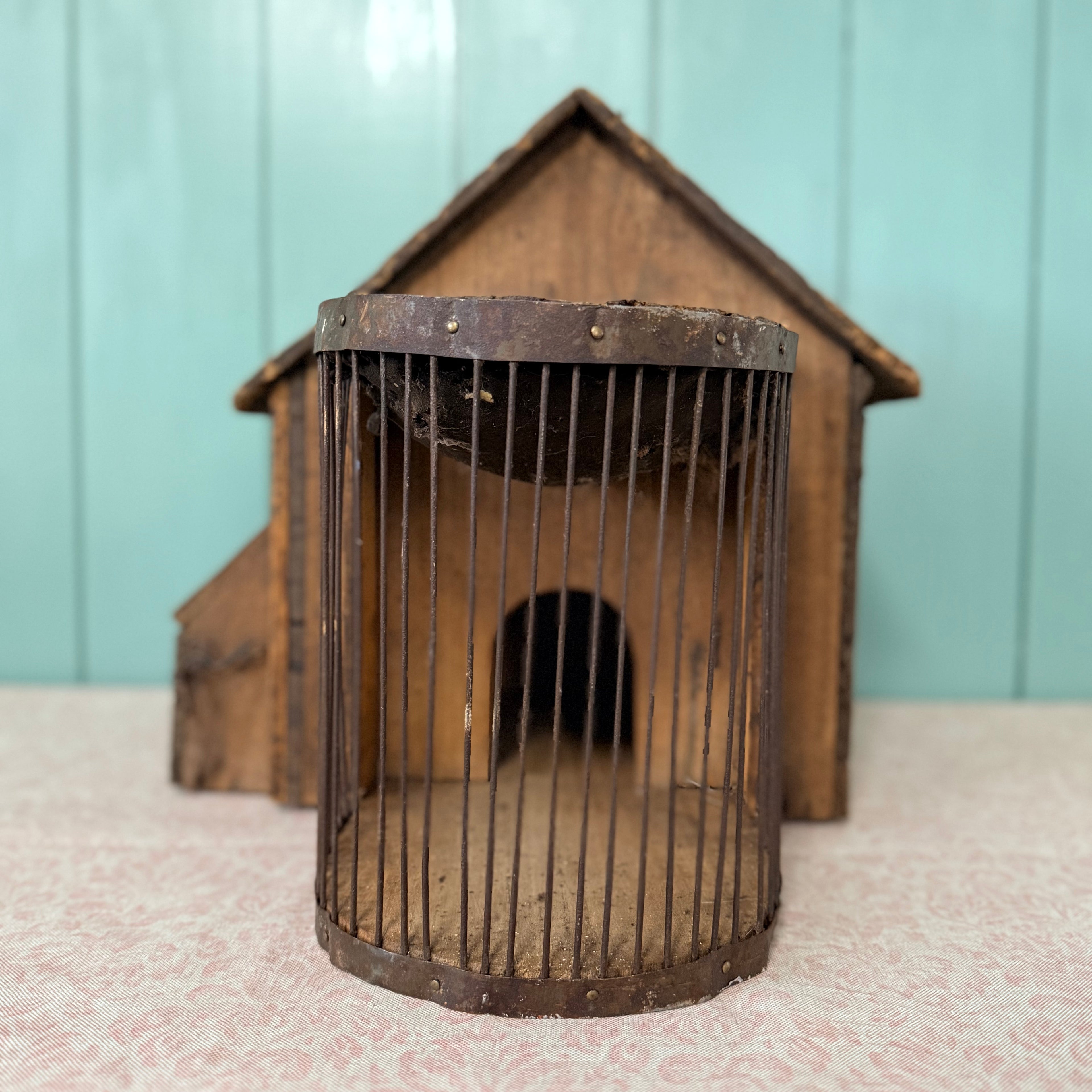 Antique Country House Squirrel Cage with Original Wire Run &amp; Nest Box