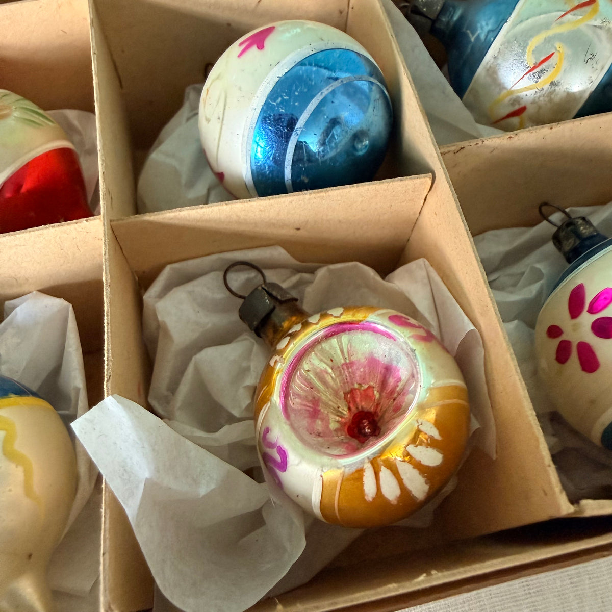 Boxed Set of 12 Miniature Vintage Glass Christmas Baubles