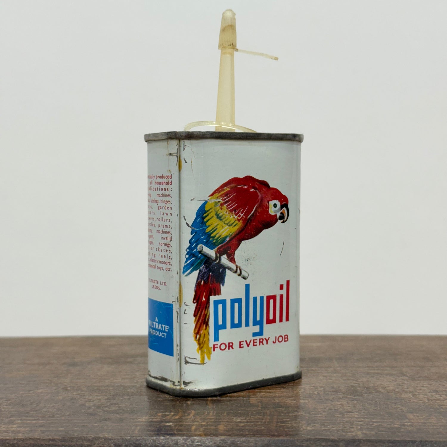 Vintage PolyOil Oiler Tin Filtrate Leeds Parrot Logo Cycle Machinery Oil Can
