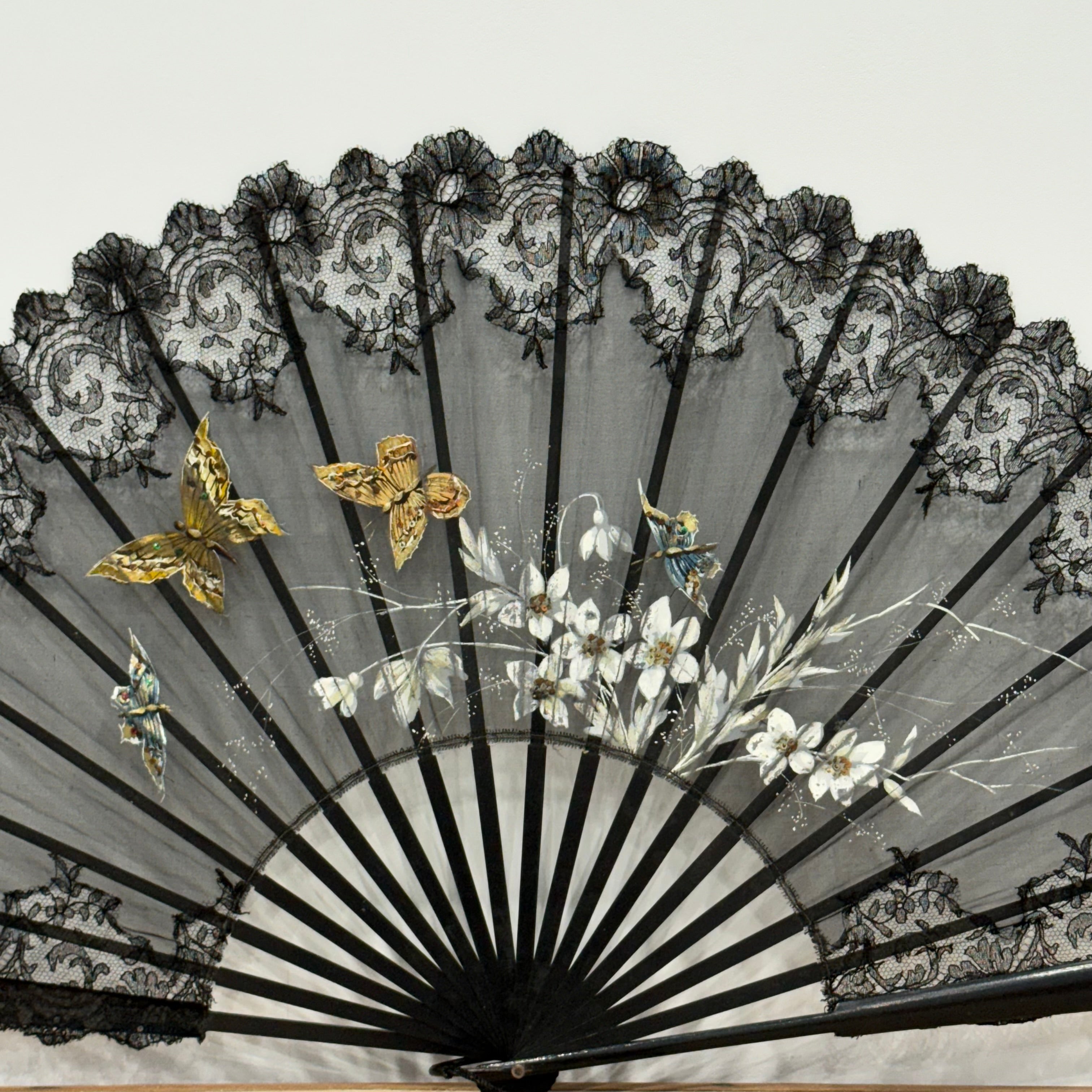Antique Hand Painted Lace Fan with Butterflies Edwardian Black Mourning Style