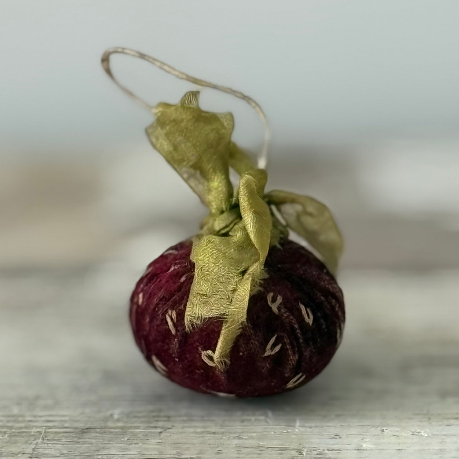 Antique Victorian Velvet Strawberry Emery with Silk Ribbon Leaves