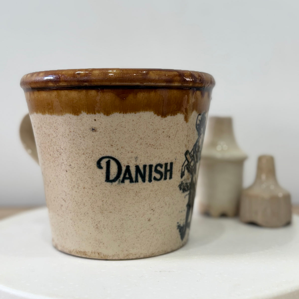 Antique Danish Dairy Co Stoneware Butter Crock with Milkmaid c.1900