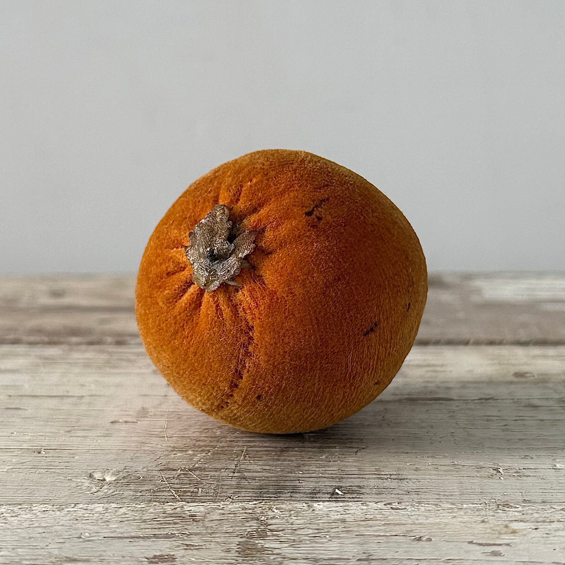 1830s Antique Velvet Orange Pin Cushion with Coated Fabric Leaf Detail