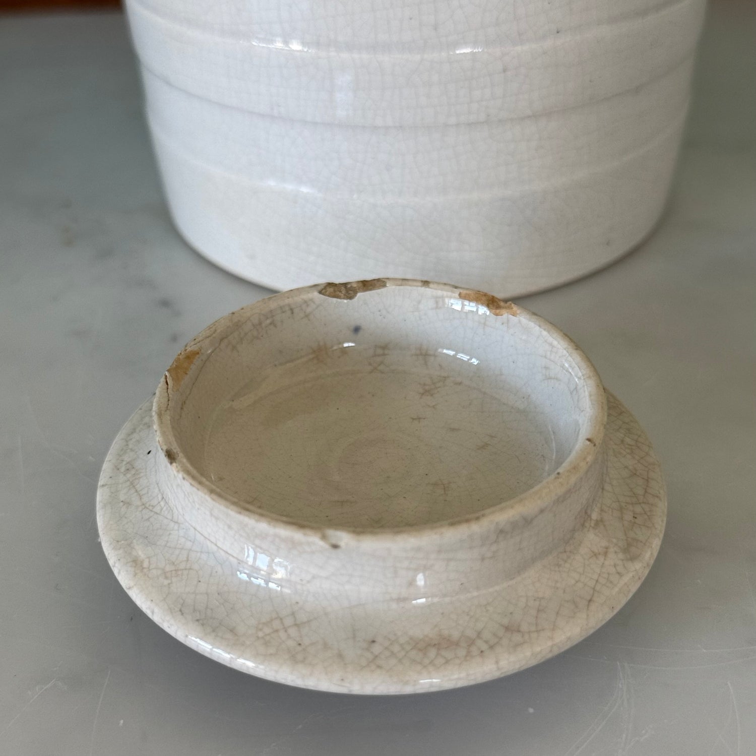 Late Victorian White Ironstone Sago Storage Jar with Ribbon Label