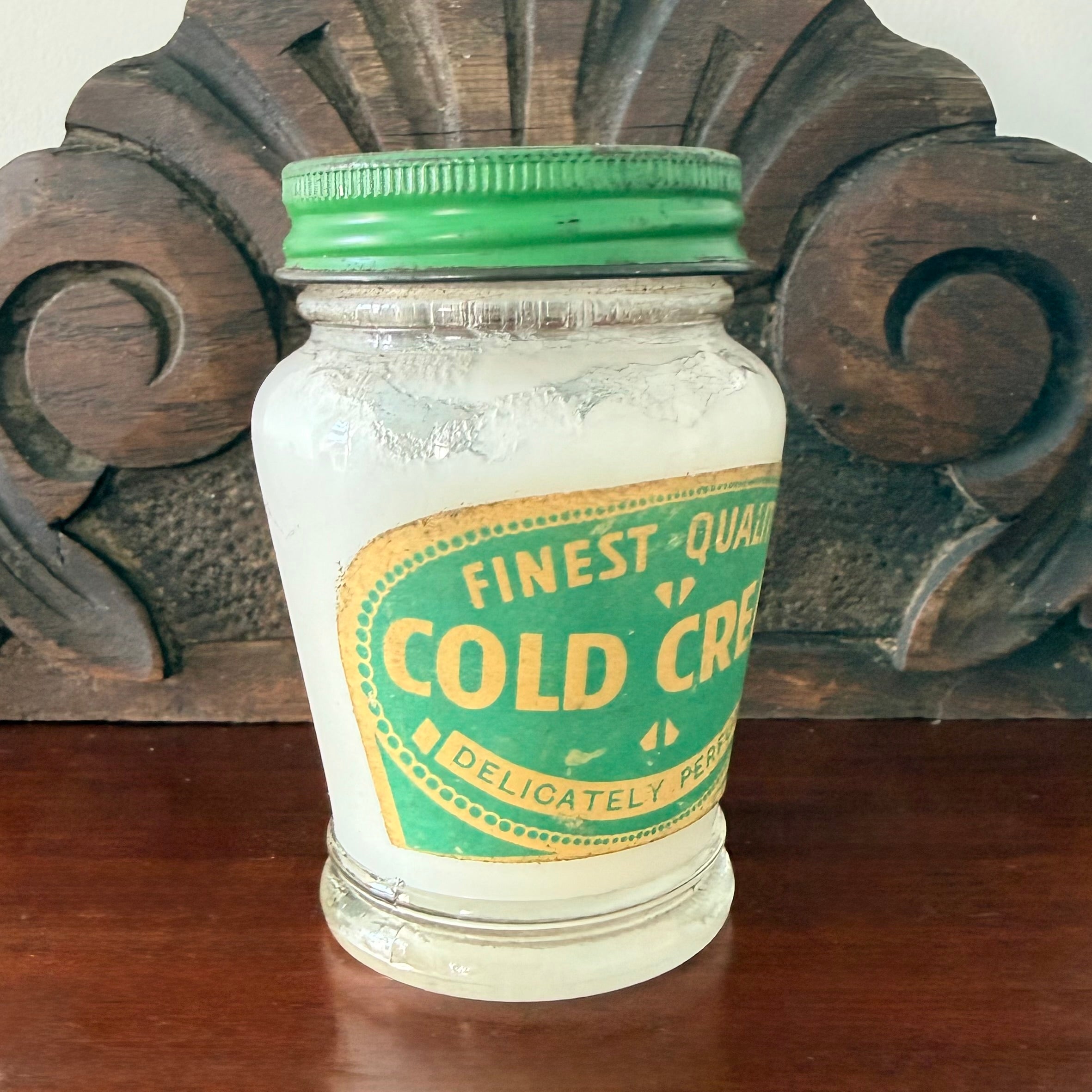 Vintage “Cold Cream” Glass Jar – Frosted Apothecary Pot with Original Contents