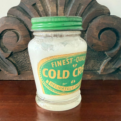 Vintage “Cold Cream” Glass Jar – Frosted Apothecary Pot with Original Contents
