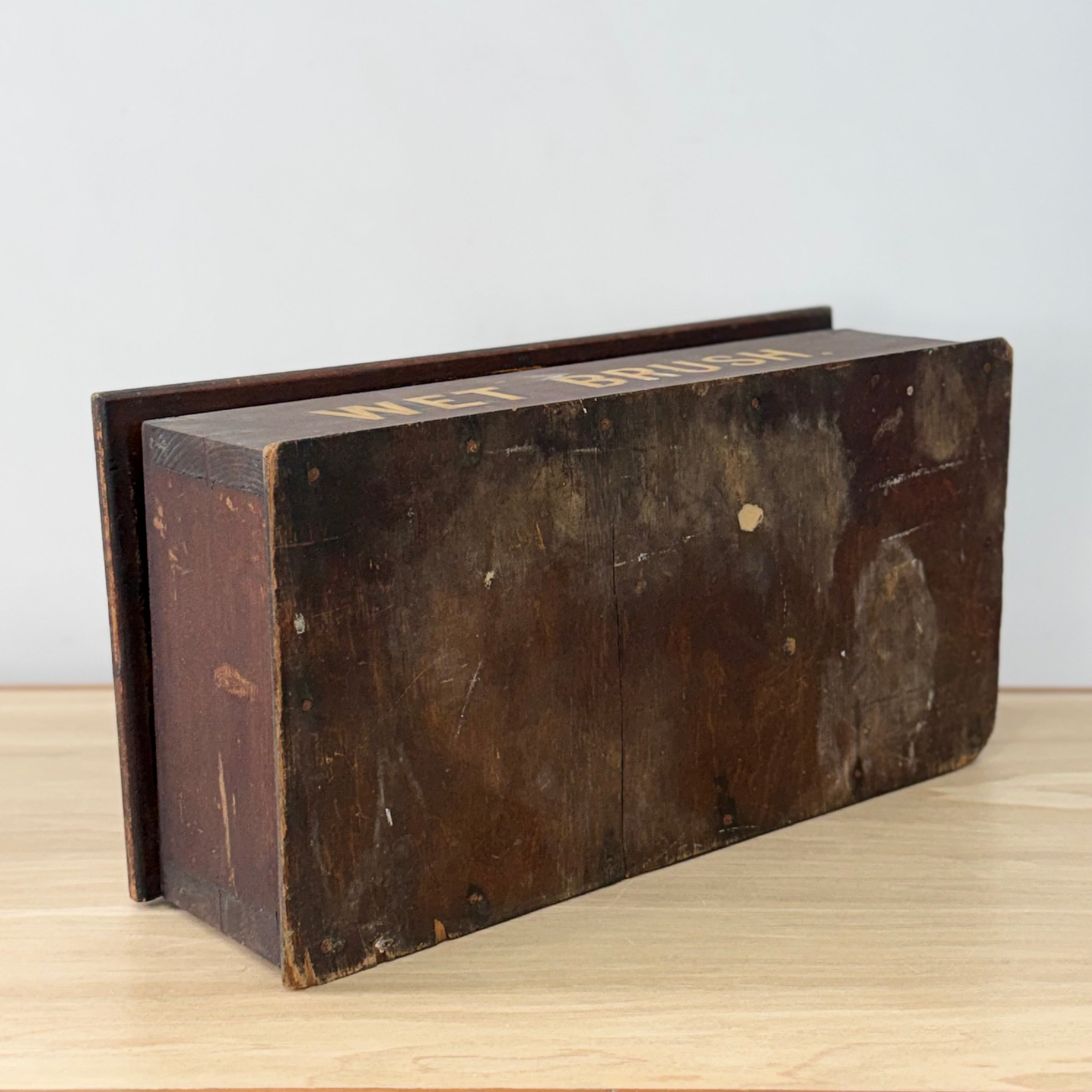 Antique Wet Brush Box Wooden Trade Display Barber Shoe Shine