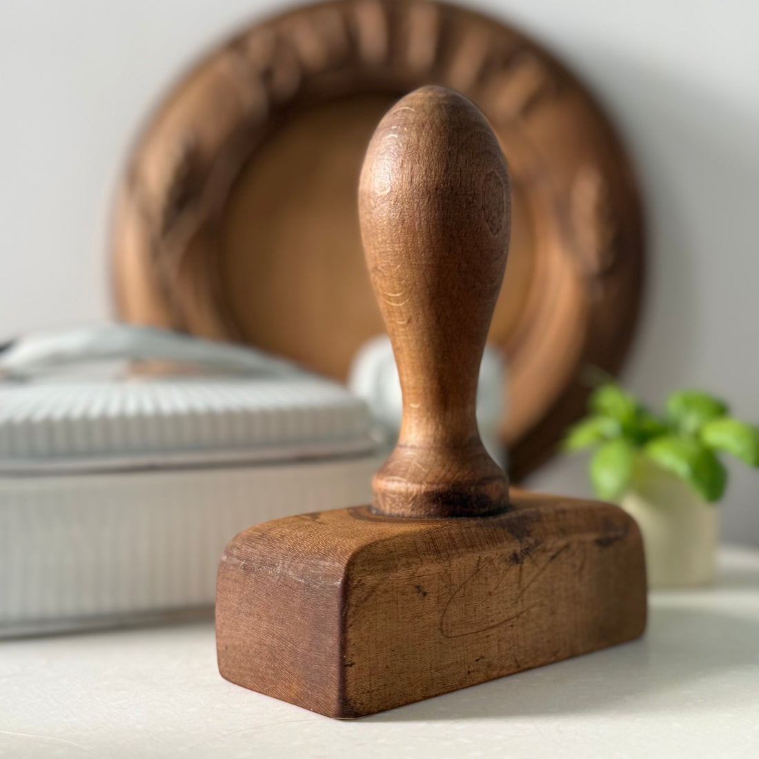 Antique Treen Butter Stamp Single Rose Rectangular