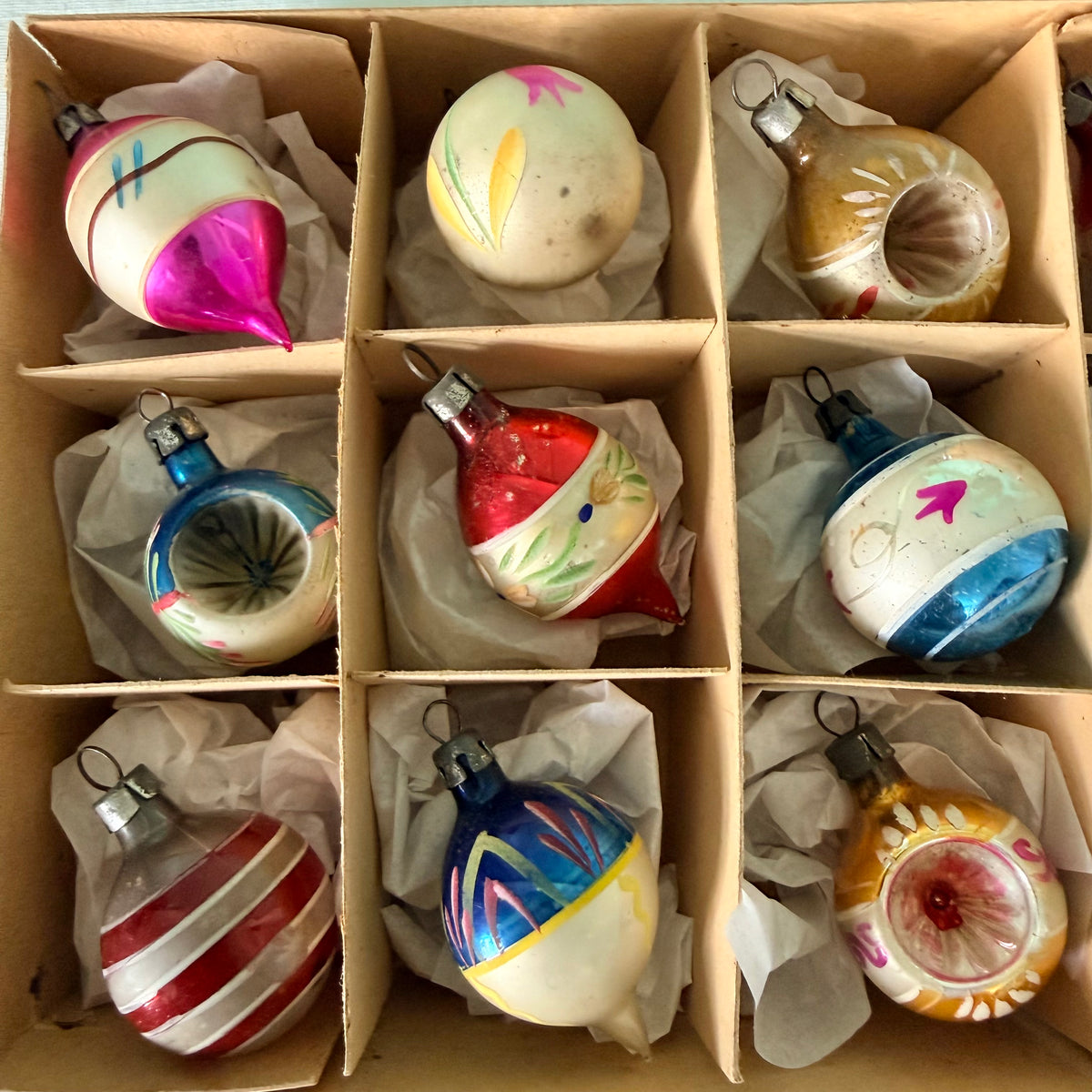 Boxed Set of 12 Miniature Vintage Glass Christmas Baubles
