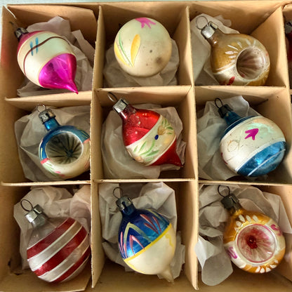 Boxed Set of 12 Miniature Vintage Glass Christmas Baubles