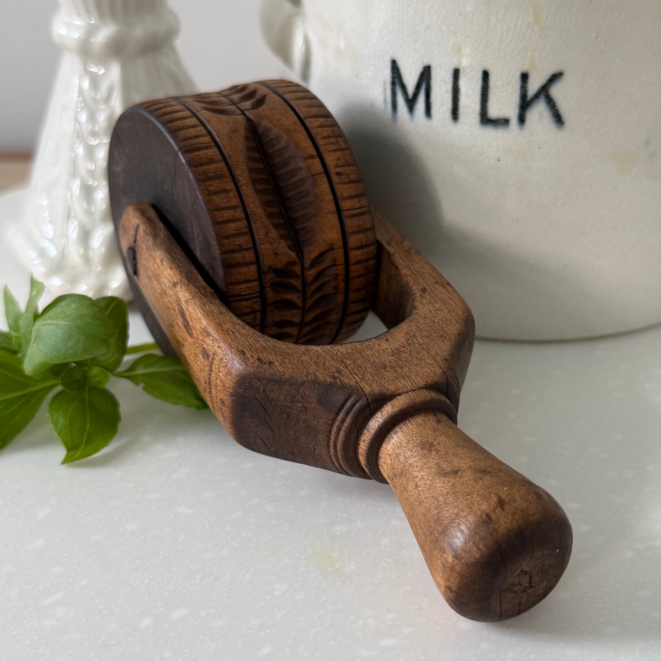 Antique Treen Butter Roller Deep Carved Leaf Print