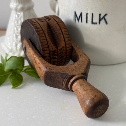 Antique Treen Butter Roller Deep Carved Leaf Print