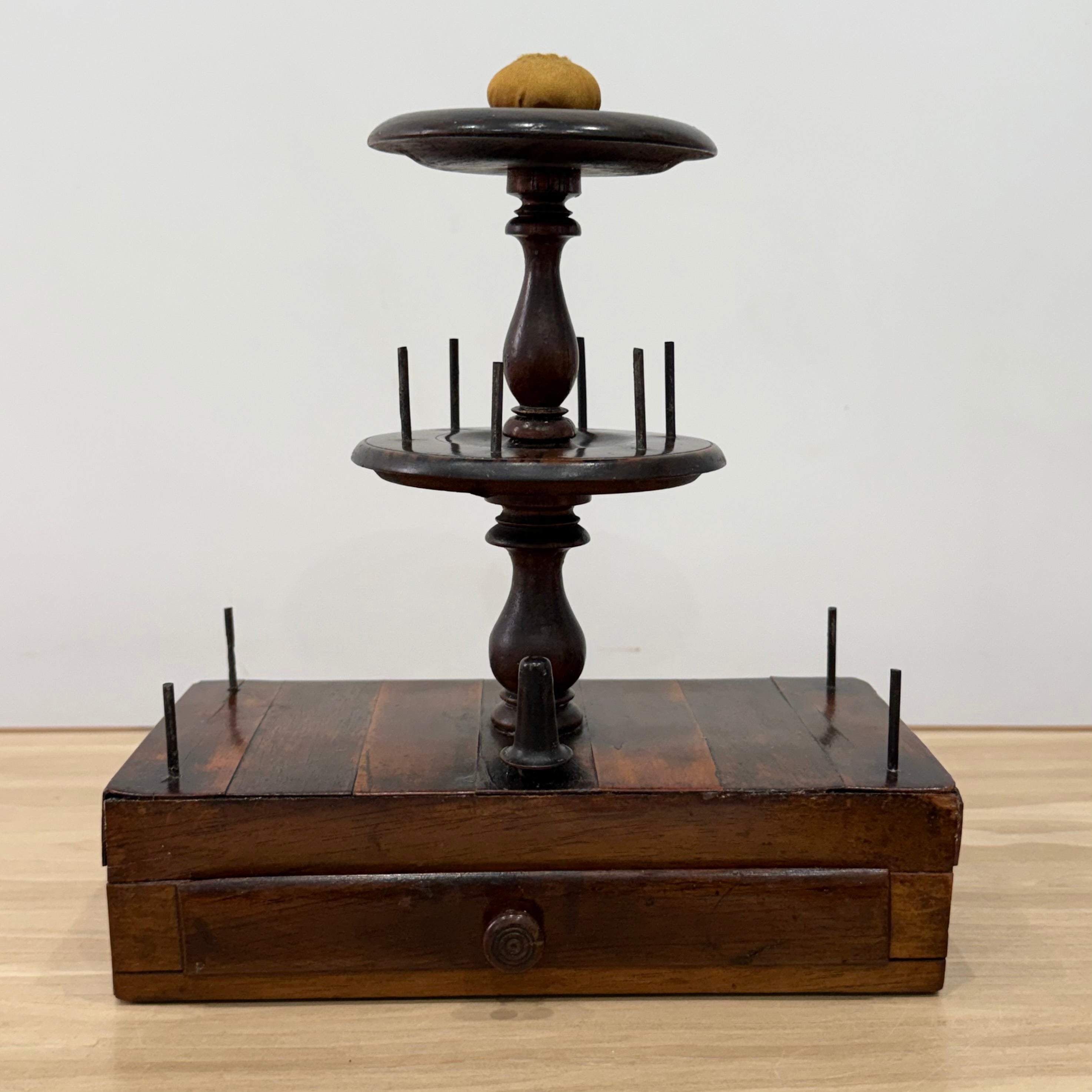 Antique Wooden Thread Spool Stand with Drawer and Silk Pin Cushion