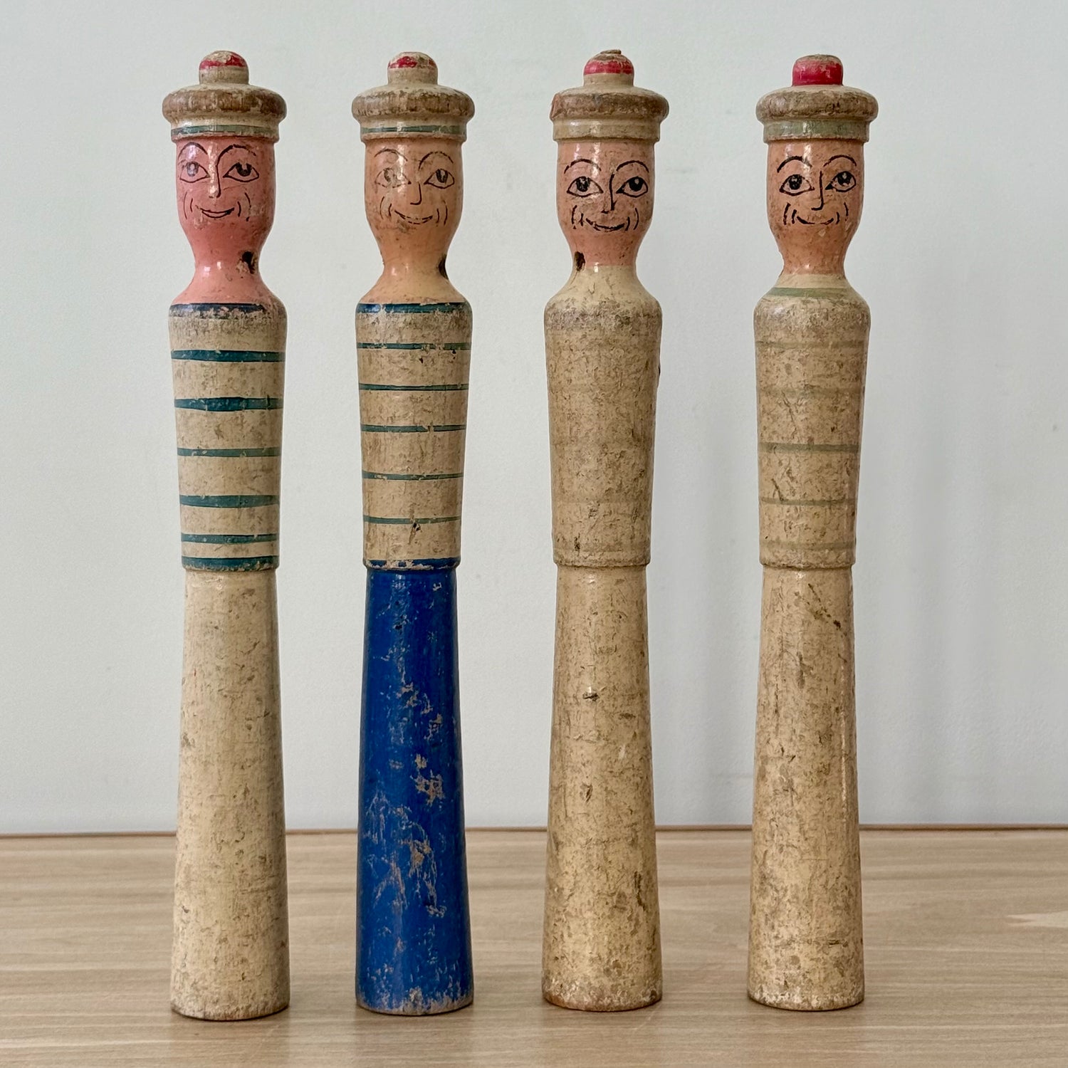 Vintage Wooden Sailor Skittles Pins Four Figures Hand Painted Folk Toy 24cm