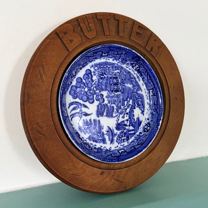 Antique Treen Butter Dish Wooden Surround with Blue Willow Insert