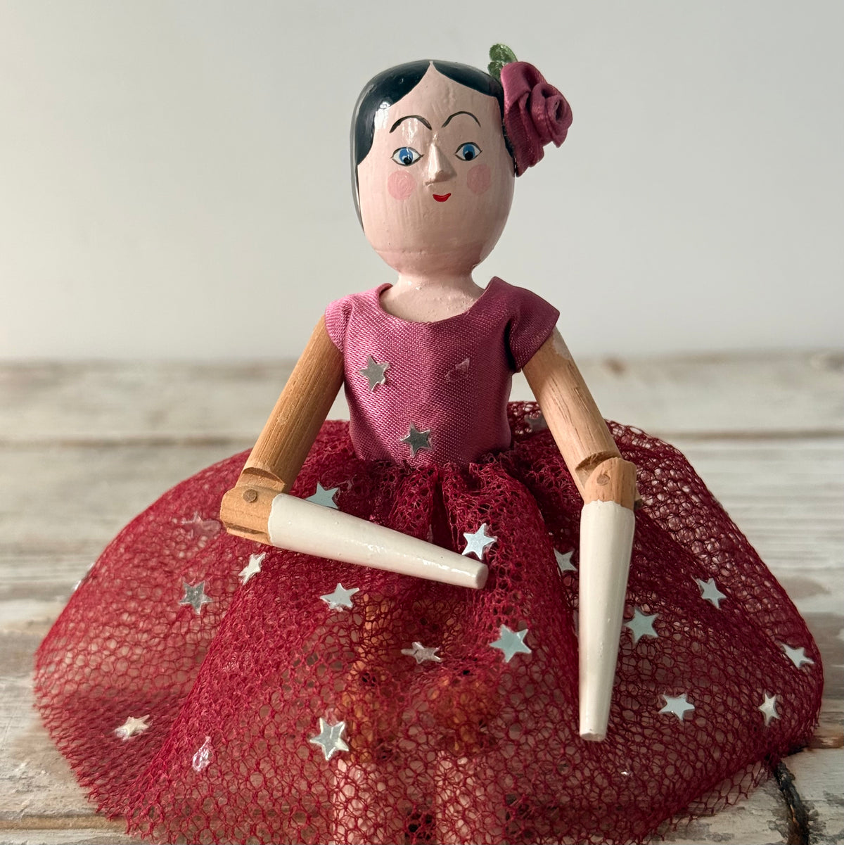 Vintage Eric Horne Wooden Doll in Burgundy Star Dress - 15.5cm