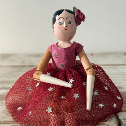Vintage Eric Horne Wooden Doll in Burgundy Star Dress - 15.5cm