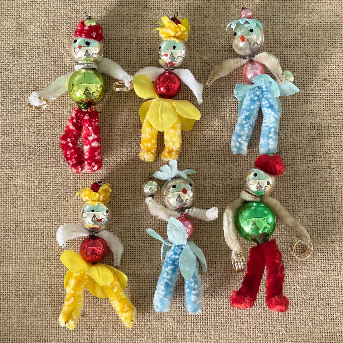Vintage Boxed Set of 6 Mercury Glass Chenille Christmas Pixie Decorations