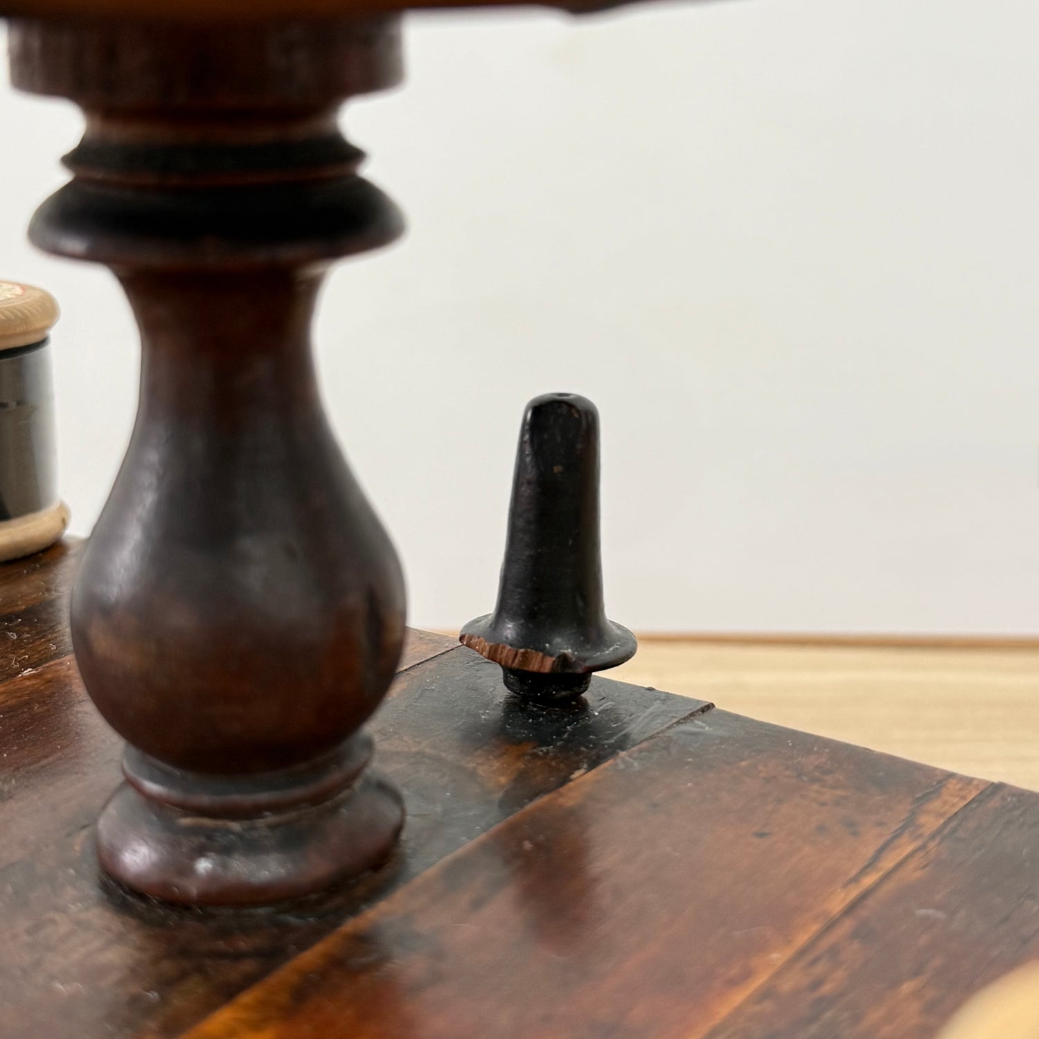 Antique Wooden Thread Spool Stand with Drawer and Silk Pin Cushion