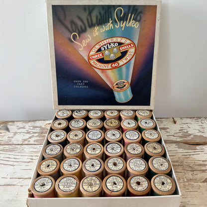 Vintage Dewhurst’s Sylko 36 Wooden Cotton Reels in Advertising Box