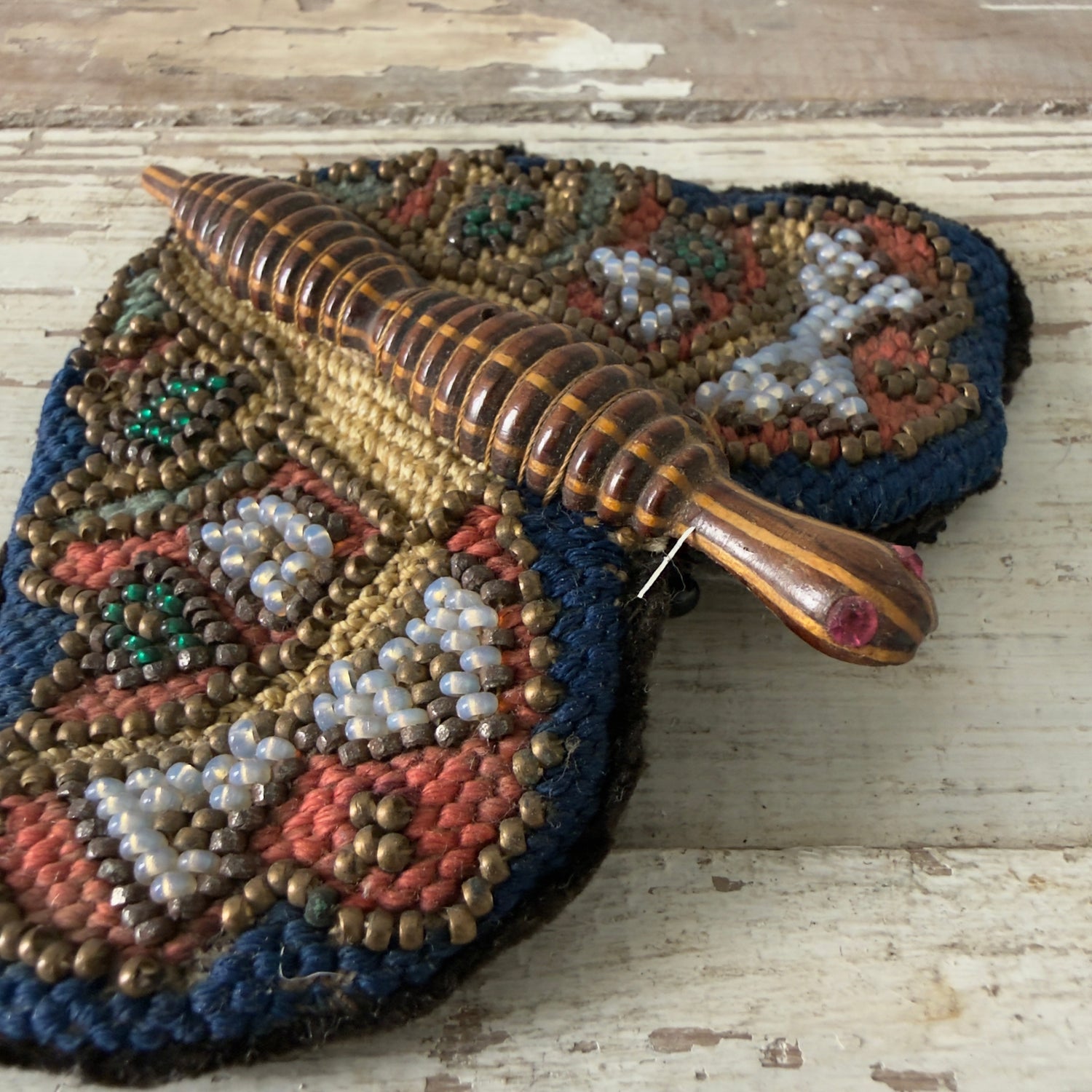 Antique Victorian Beaded Butterfly Needle Book / Pincushion with Turned Wooden Body
