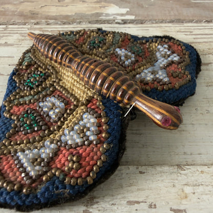 Antique Victorian Beaded Butterfly Needle Book / Pincushion with Turned Wooden Body
