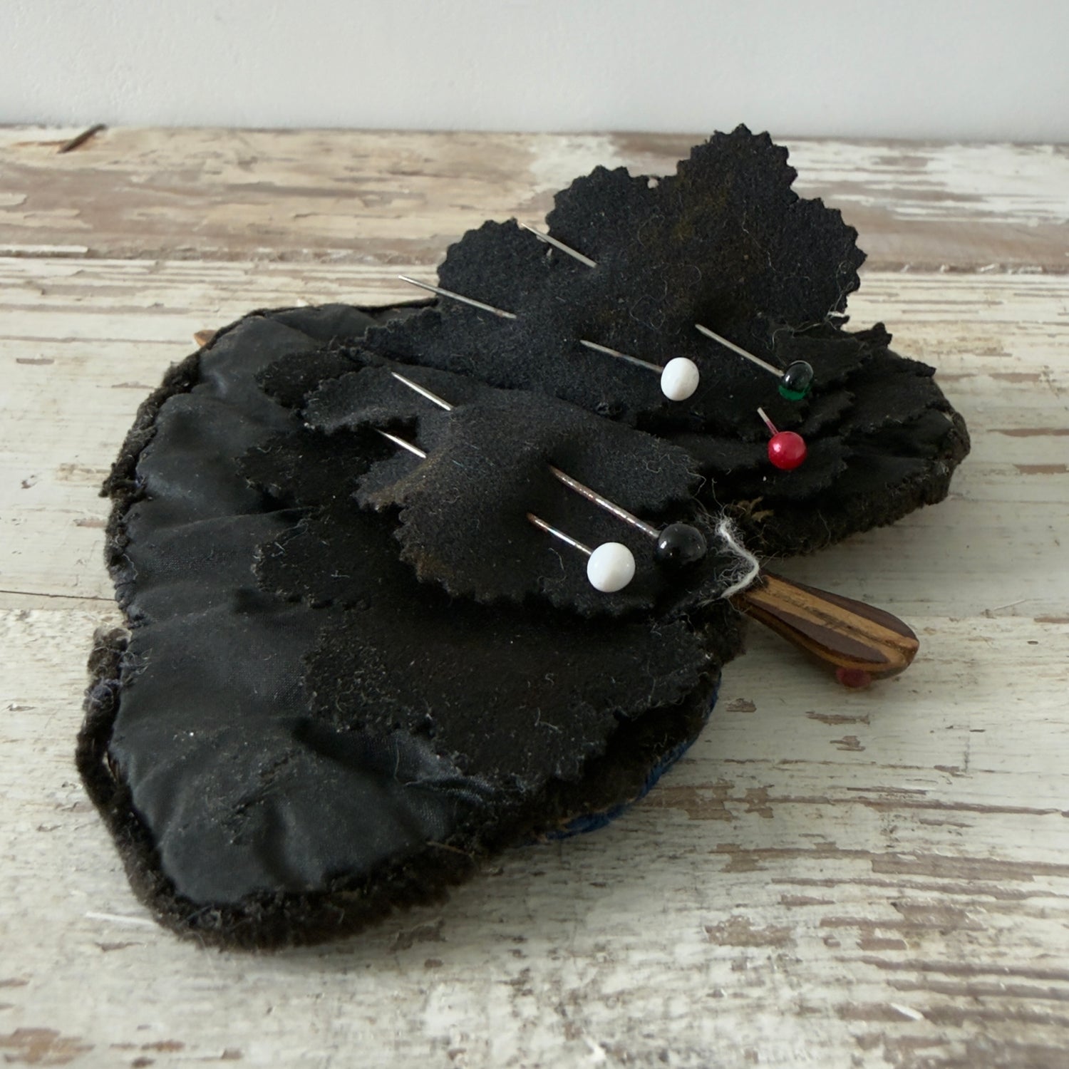 Antique Victorian Beaded Butterfly Needle Book / Pincushion with Turned Wooden Body