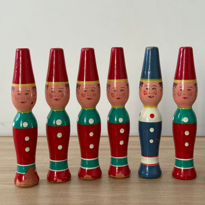 Vintage Wooden Skittles Set 9 Pins Hand Painted Folk Figures Fez Hats