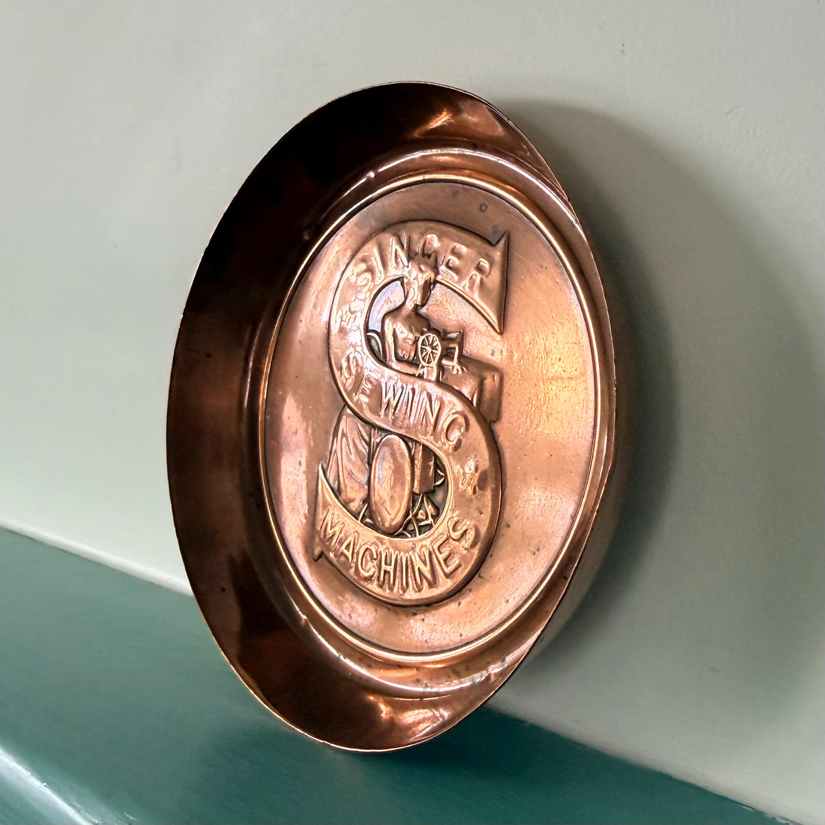 Vintage Singer Sewing Machines Embossed Copper Advertising Pin Dish