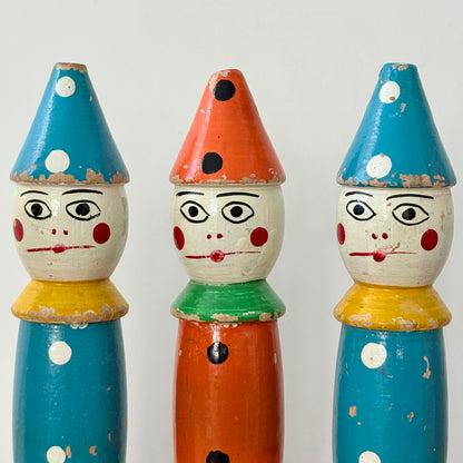 Vintage Wooden Clown Skittles Pins Seven Figures Hand Painted Folk Toy 21cm