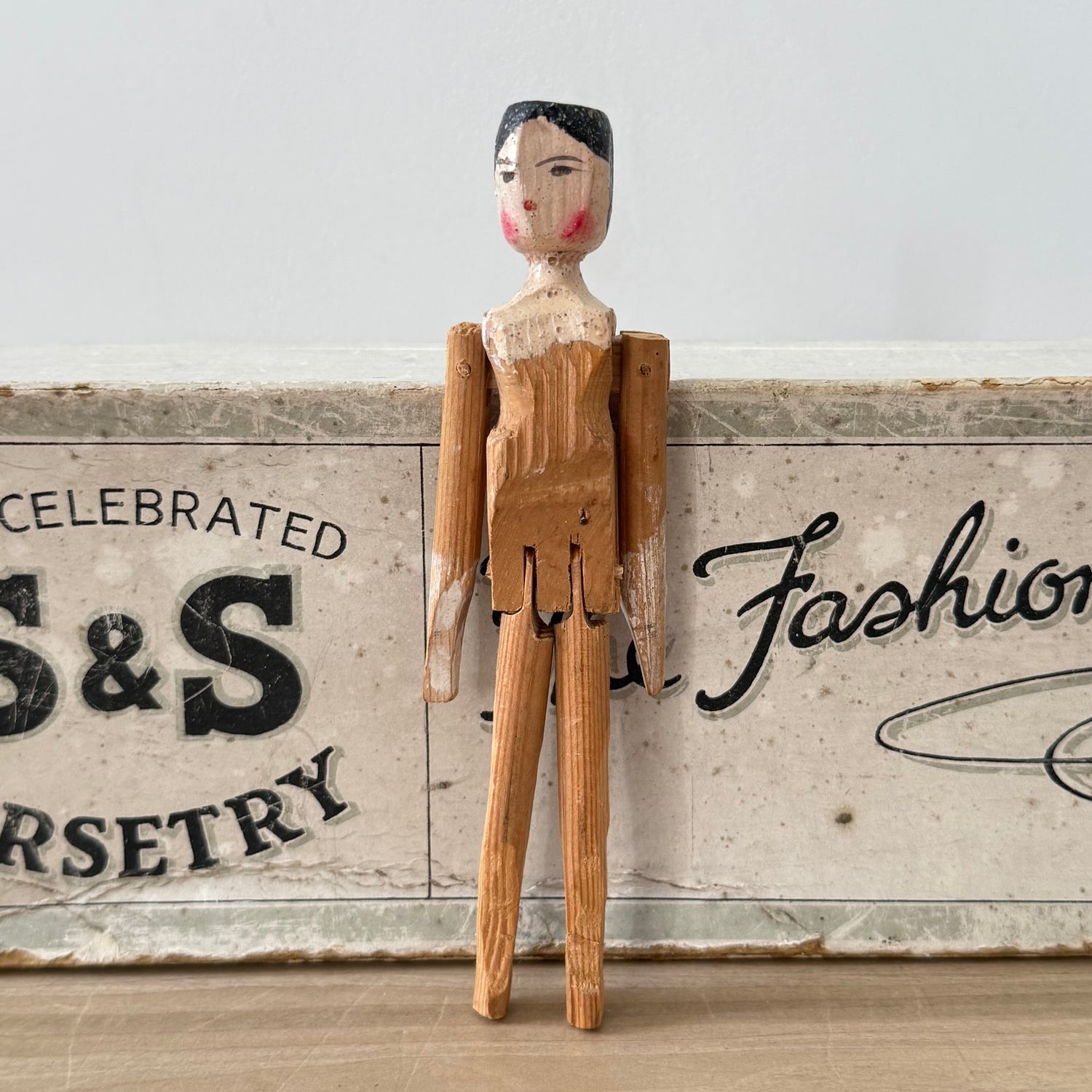 Vintage Wooden Jointed Folk Art Doll Hand Painted Miniature 13.5cm
