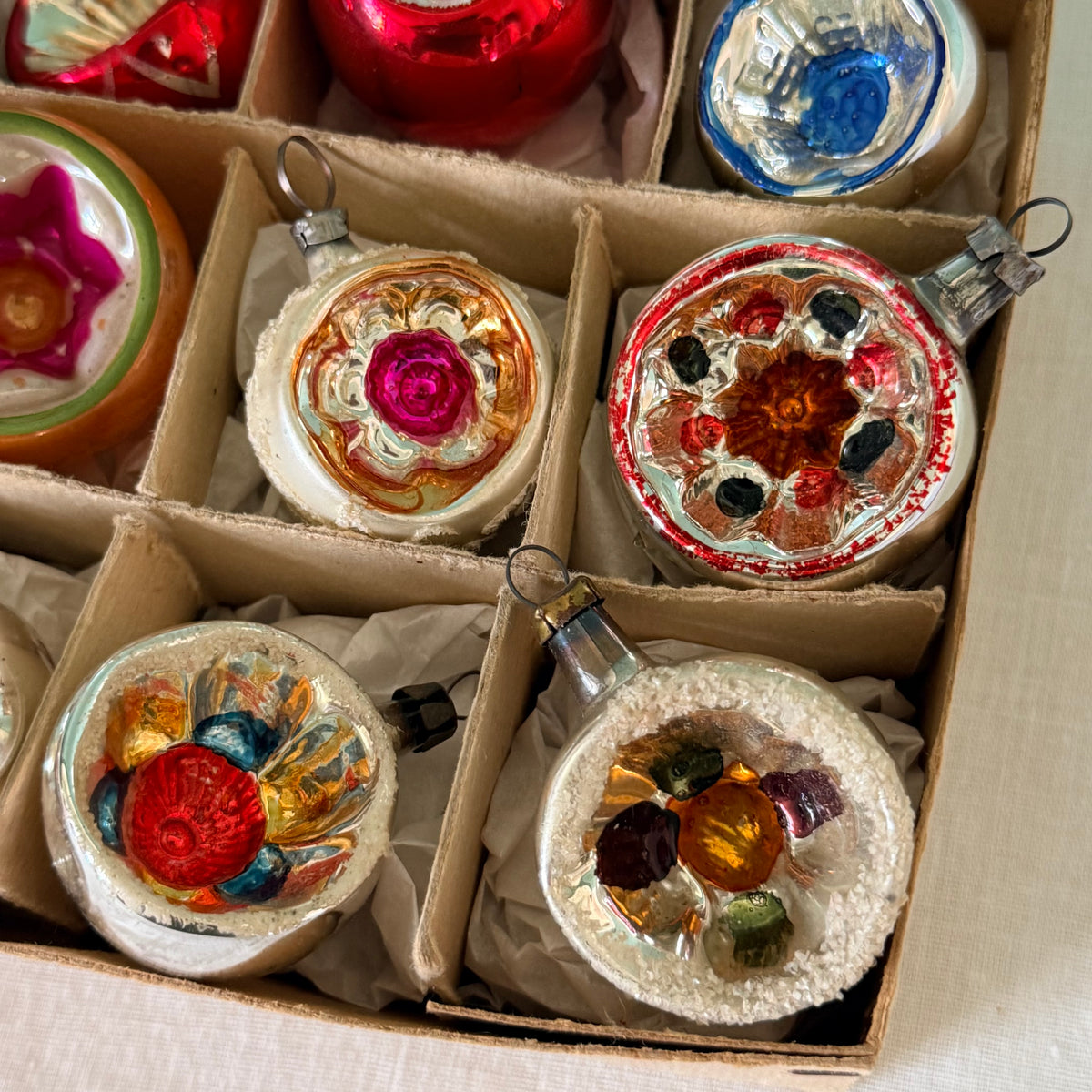 Boxed Set of 12 Vintage Concave Reflector Glass Baubles