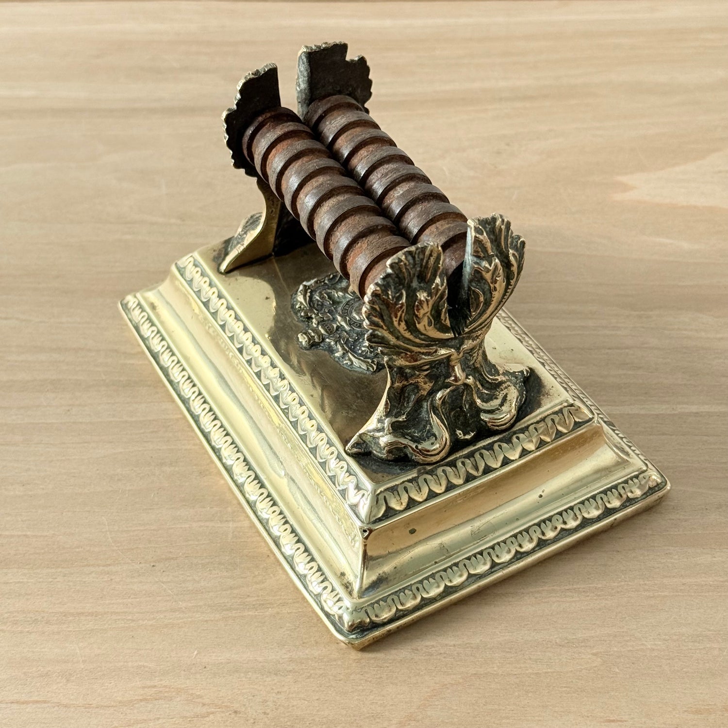 Victorian Brass Knife Sharpener with Twin Oak Rollers and Heraldic Crest