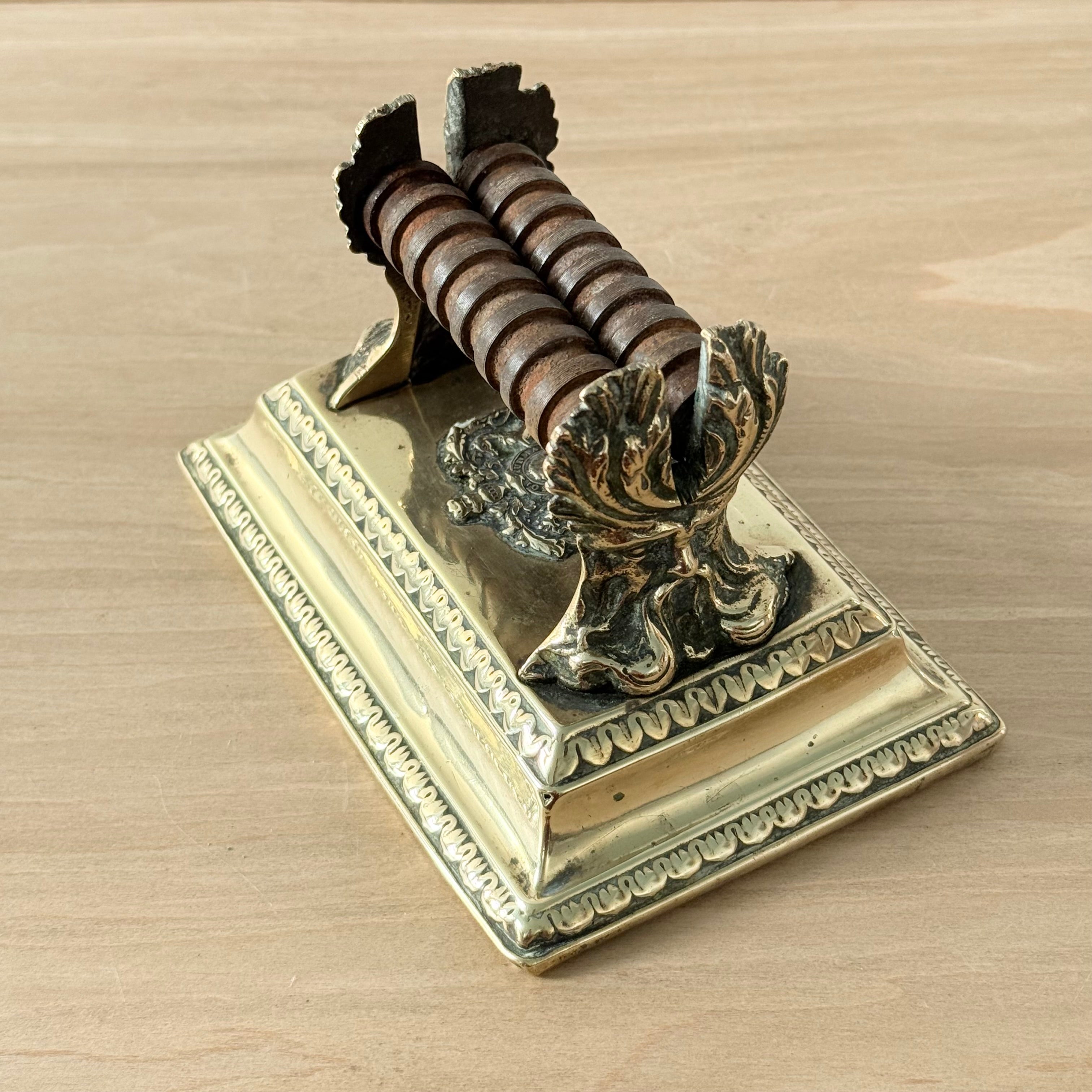 Victorian Brass Knife Sharpener with Twin Oak Rollers and Heraldic Crest