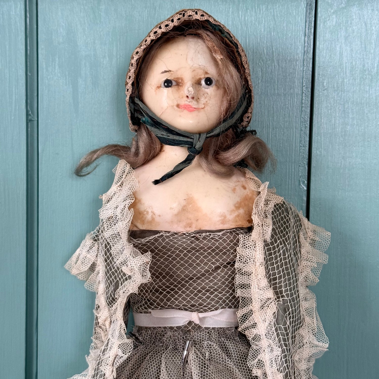 Antique Victorian Wax Over Shoulder Head Doll in Original Style Costume c.1870
