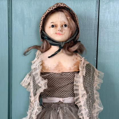Antique Victorian Wax Over Shoulder Head Doll in Original Style Costume c.1870