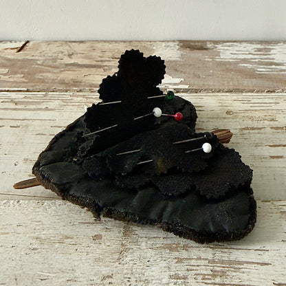 Antique Victorian Beaded Butterfly Needle Book / Pincushion with Turned Wooden Body