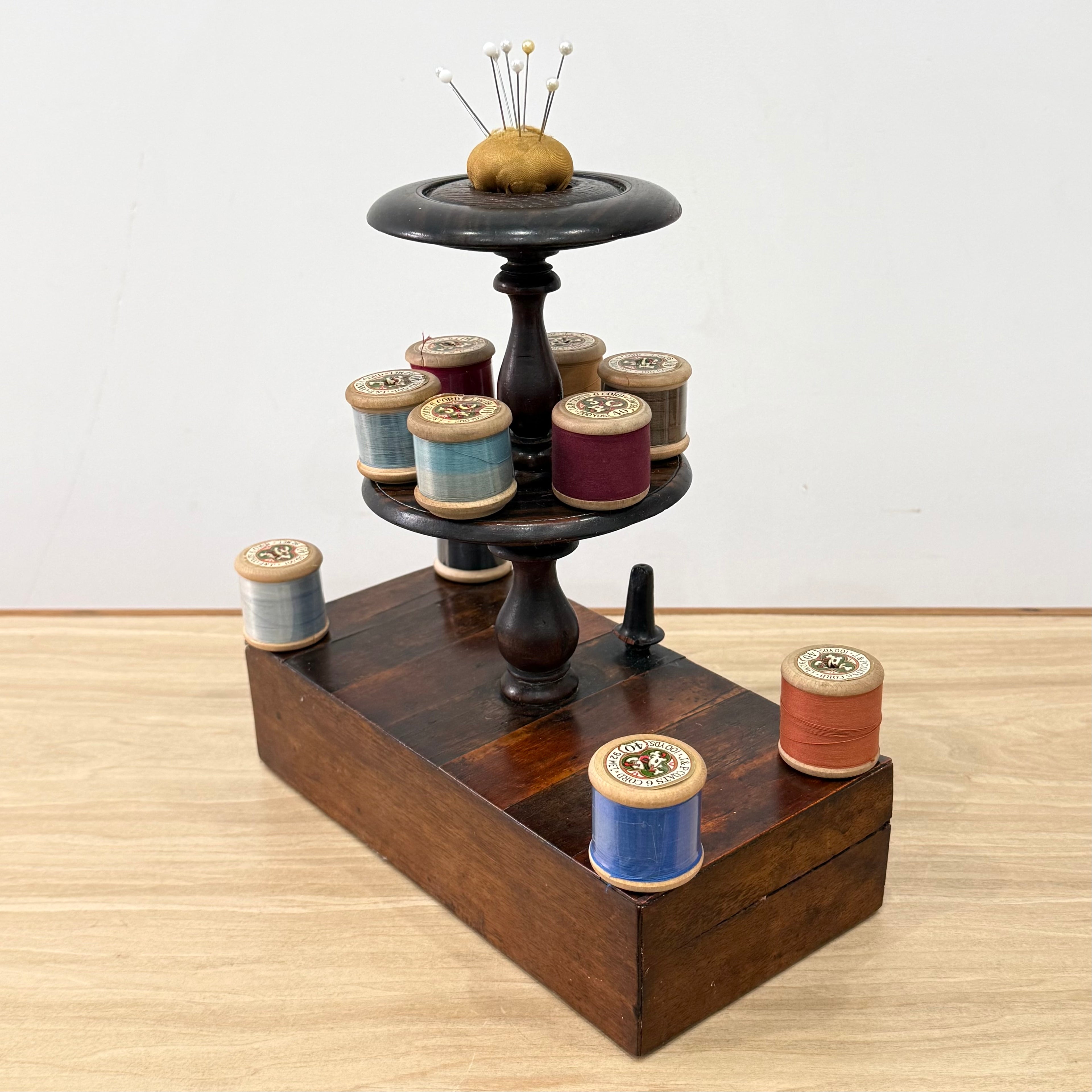 Antique Wooden Thread Spool Stand with Drawer and Silk Pin Cushion
