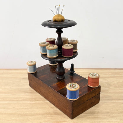Antique Wooden Thread Spool Stand with Drawer and Silk Pin Cushion