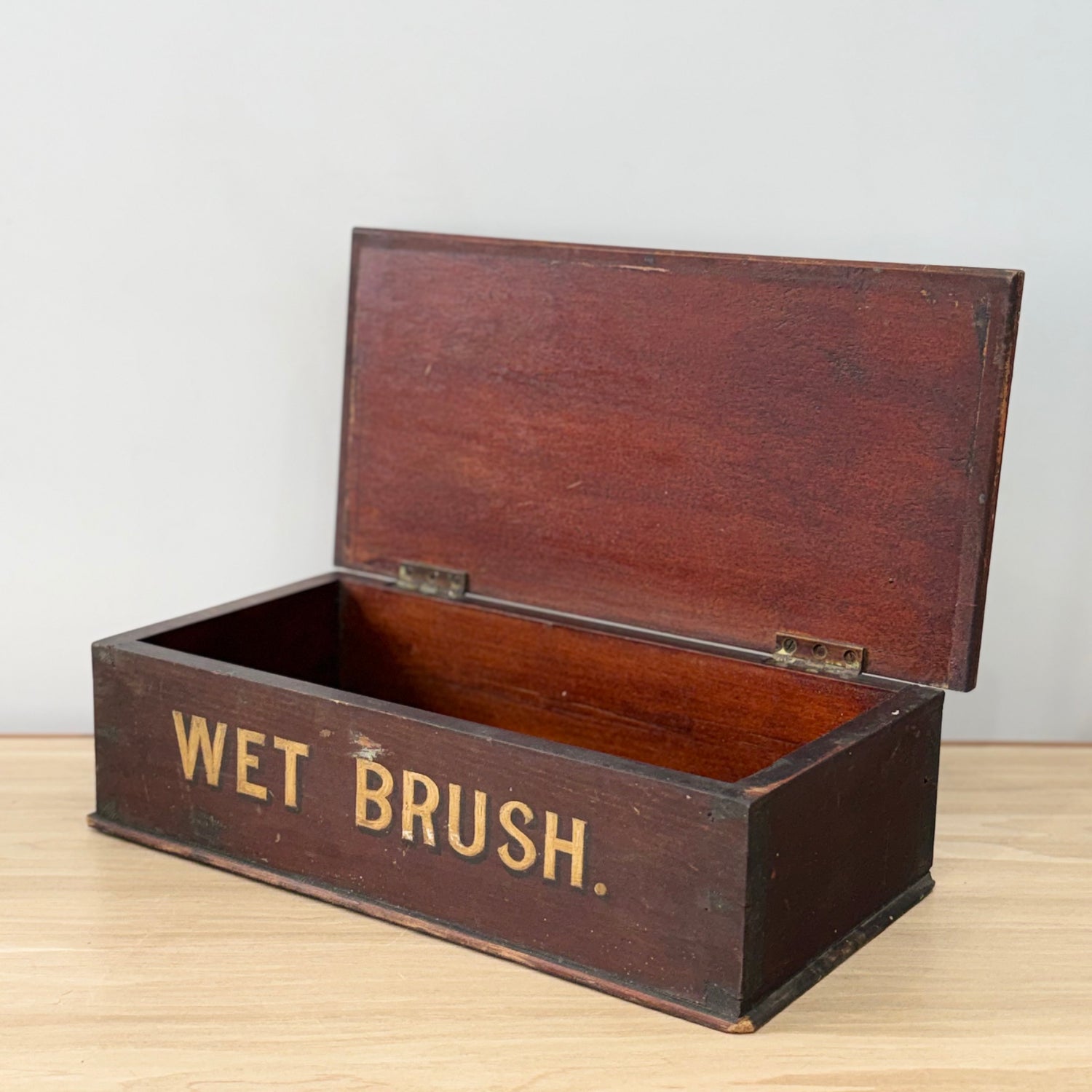 Antique Wet Brush Box Wooden Trade Display Barber Shoe Shine