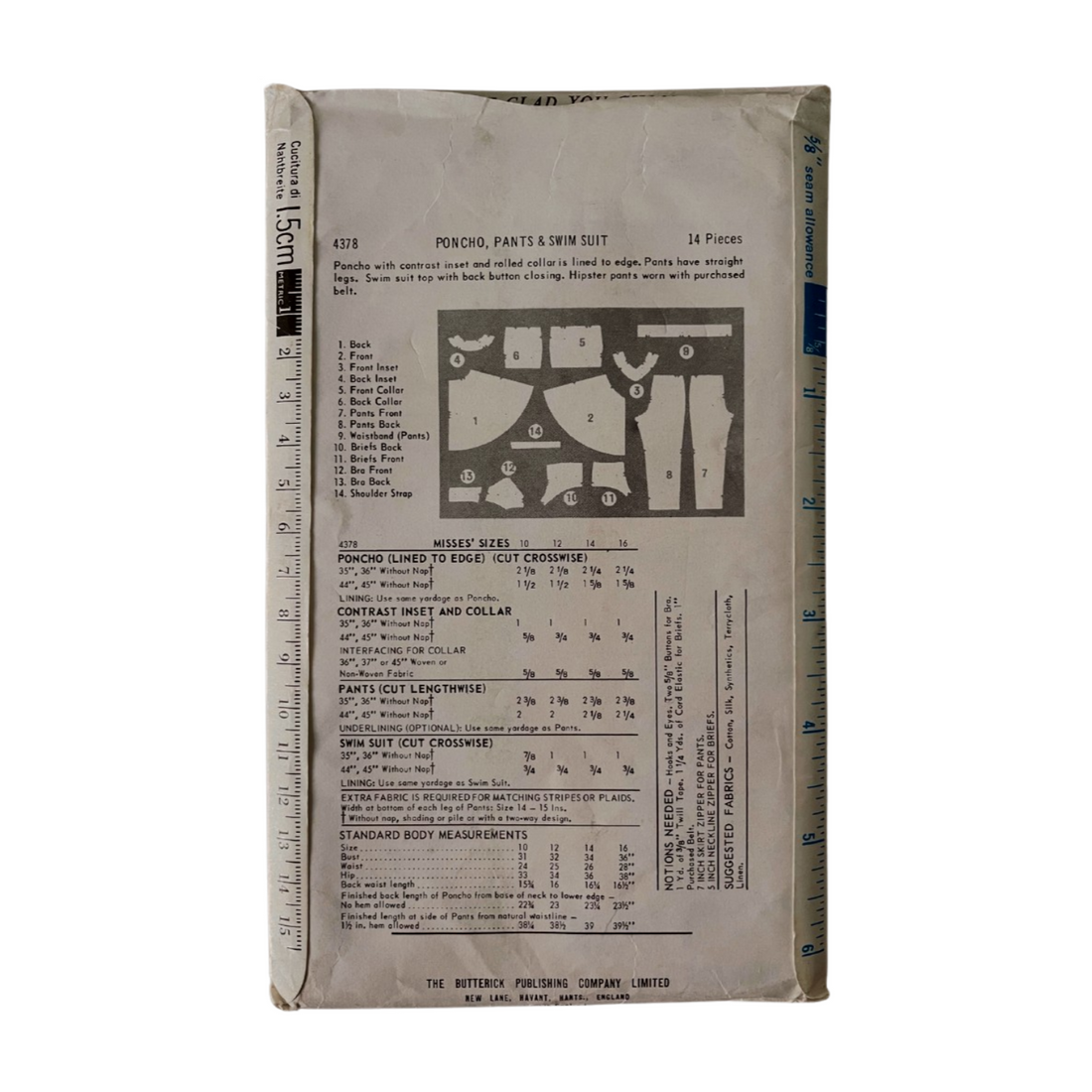 Butterick 4378 Womens Size 12 Poncho Trousers Swimsuit