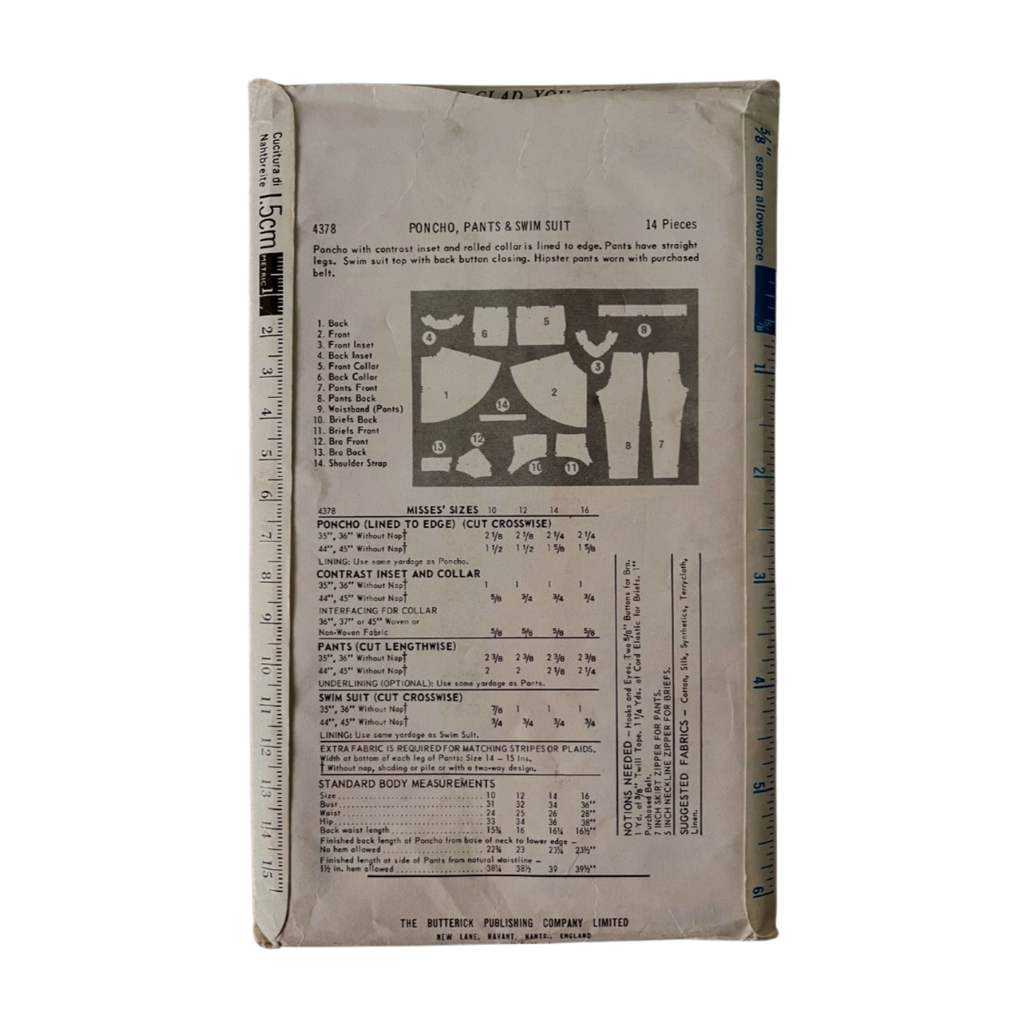 Butterick 4378 Womens Size 12 Poncho Trousers Swimsuit